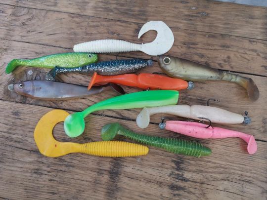 Des leurres en 6 et 7 pouces et avec des coloris flashy sont une bonne base pour la pêche du sandre lors d'une crue.
