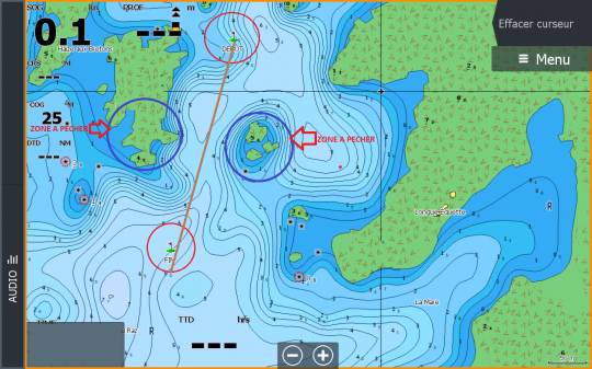 Le début et la fin de la dérive sont indiqués avec précision. En positionnant le bateau au bon endroit, je suis certain de passer entre les 2 zones rocheuses qui sont d'ailleurs les secteurs propices à pêcher.