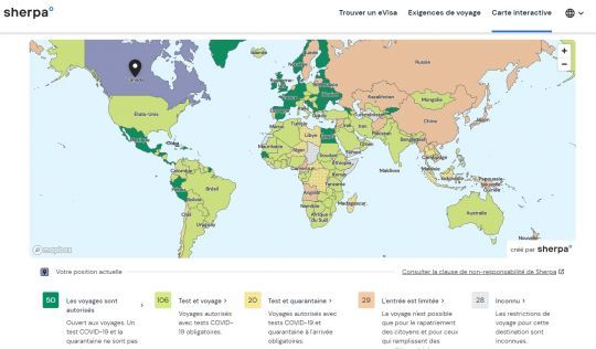 Carte des restrictions de voyage du site Sherpa.com