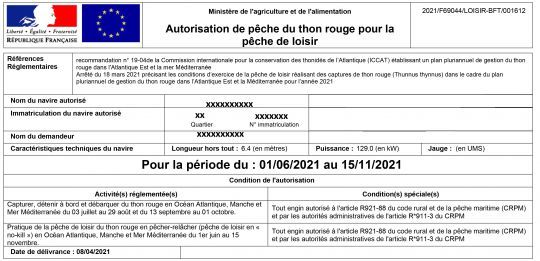 Voici une autorisation permettant la pêche du thon rouge de loisir. En bas à gauche sont mentionnés les 2 types d'activités autorisées à savoir no-kill mais aussi le prélèvement.