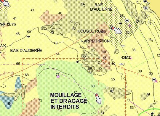 Utiliser l'option "nature des fonds" sur votre carte marine et rendez vous dans la légende pour trouver la correspondance. Ainsi, vous trouverez les zones de sable et de graver où les lieus aiment chasser les lançons.