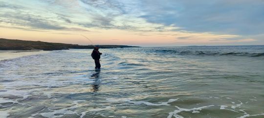 Une coup du soir sur une petite plage bordée de pointes rocheuses.