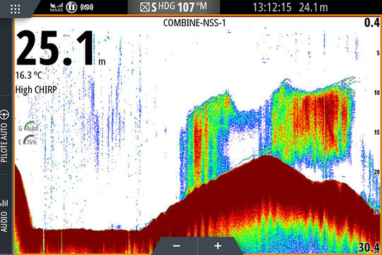 Cette capture d'écran SIMRAD montre un banc de maquereaux, qui alimente les plaisanciers pour plusieurs saisons. Un chalutier-usine rafle tout en une journée !