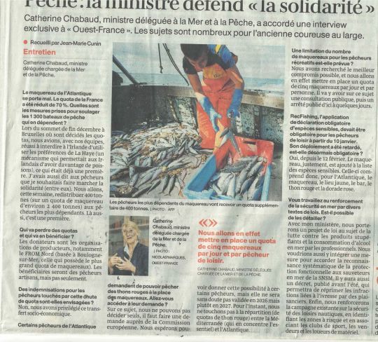 0,65%, la proportion de la pêche loisir en 2025. Ce que l'on aurait aimé lire dans les paroles de la Ministre dans Ouest France